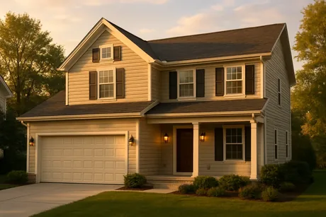 A warm suburban home exterior at golden hour with soft rust-toned light on the facade