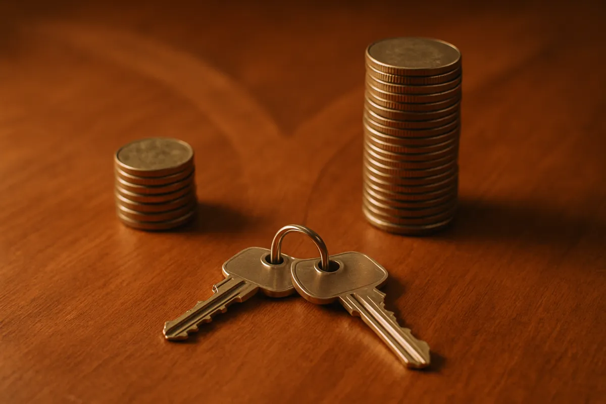Two house keys beside a short and a tall stack of coins on a wooden table