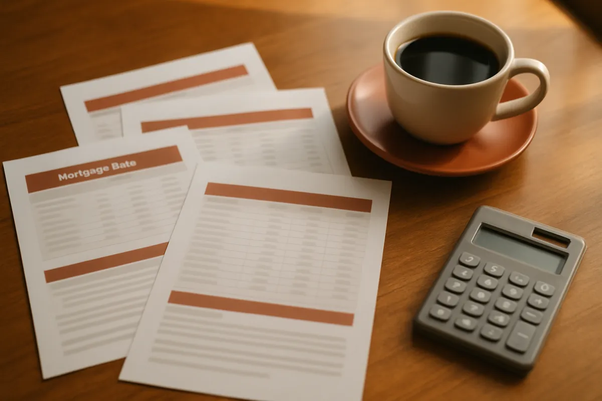 Rate sheet style papers on a wooden desk beside a cup of coffee and a calculator