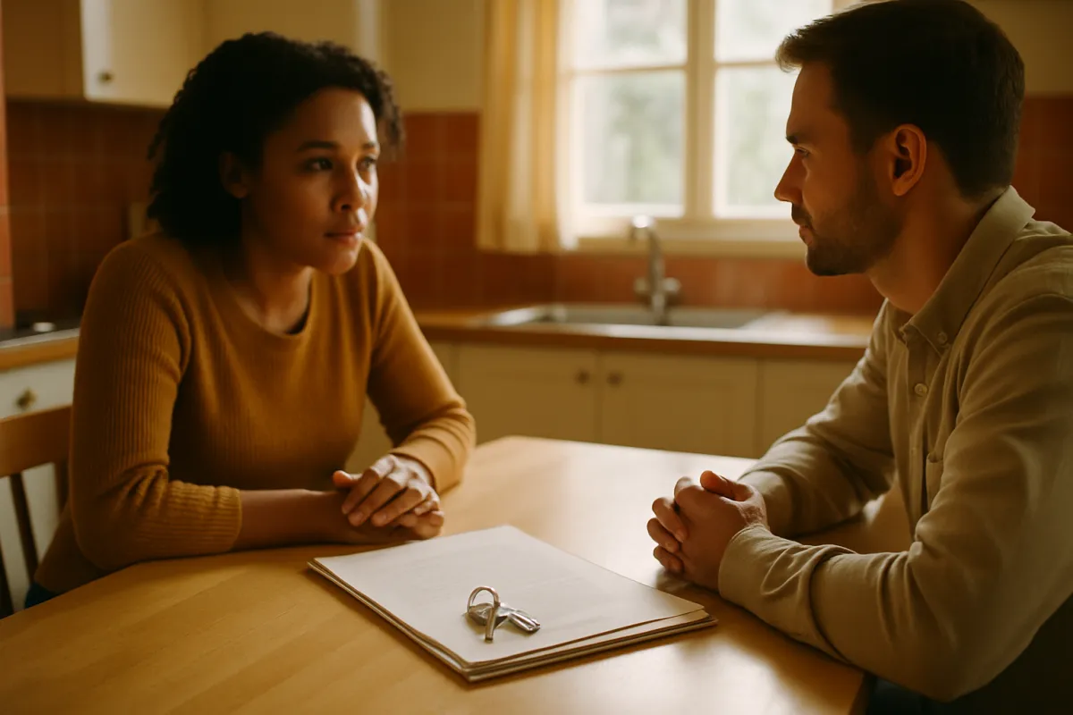 A woman in a mustard sweater and a man in a light shirt sitting across a wooden kitchen table from each other, with a set of keys resting on a folder of blank papers between them