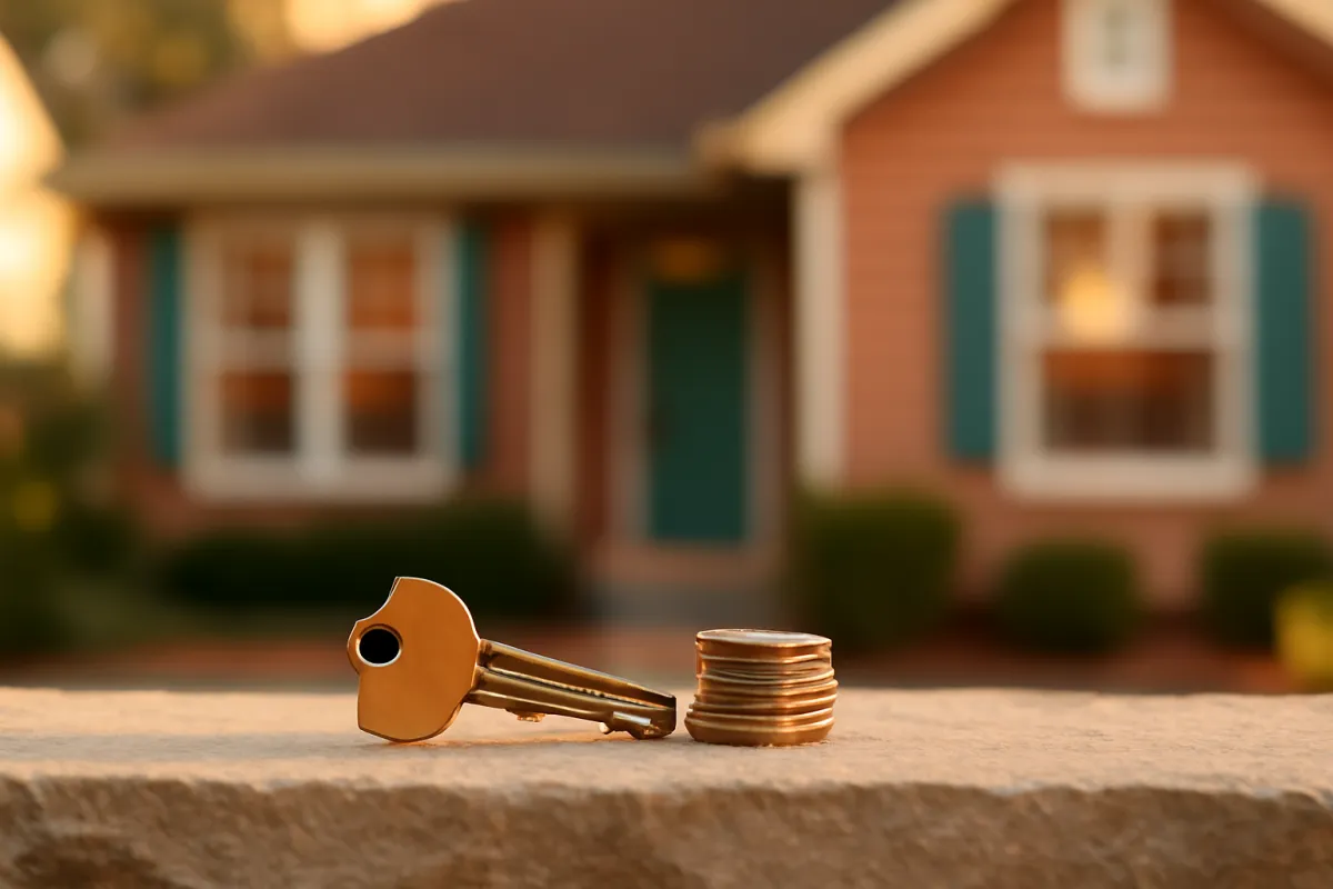 A warm suburban house exterior at golden hour with a brass house key and stacked coins on a stone ledge in soft natural light