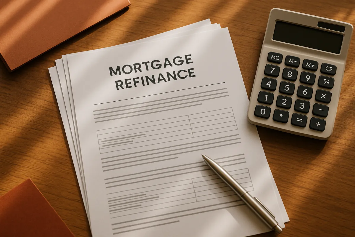 Mortgage refinance paperwork and a calculator on a warm wooden desk in soft natural light