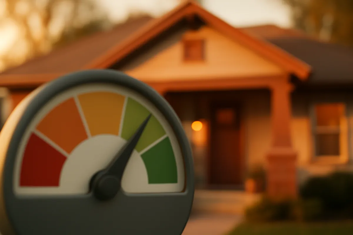 A credit-score style gauge in the foreground with a warm suburban house blurred softly behind it at golden hour