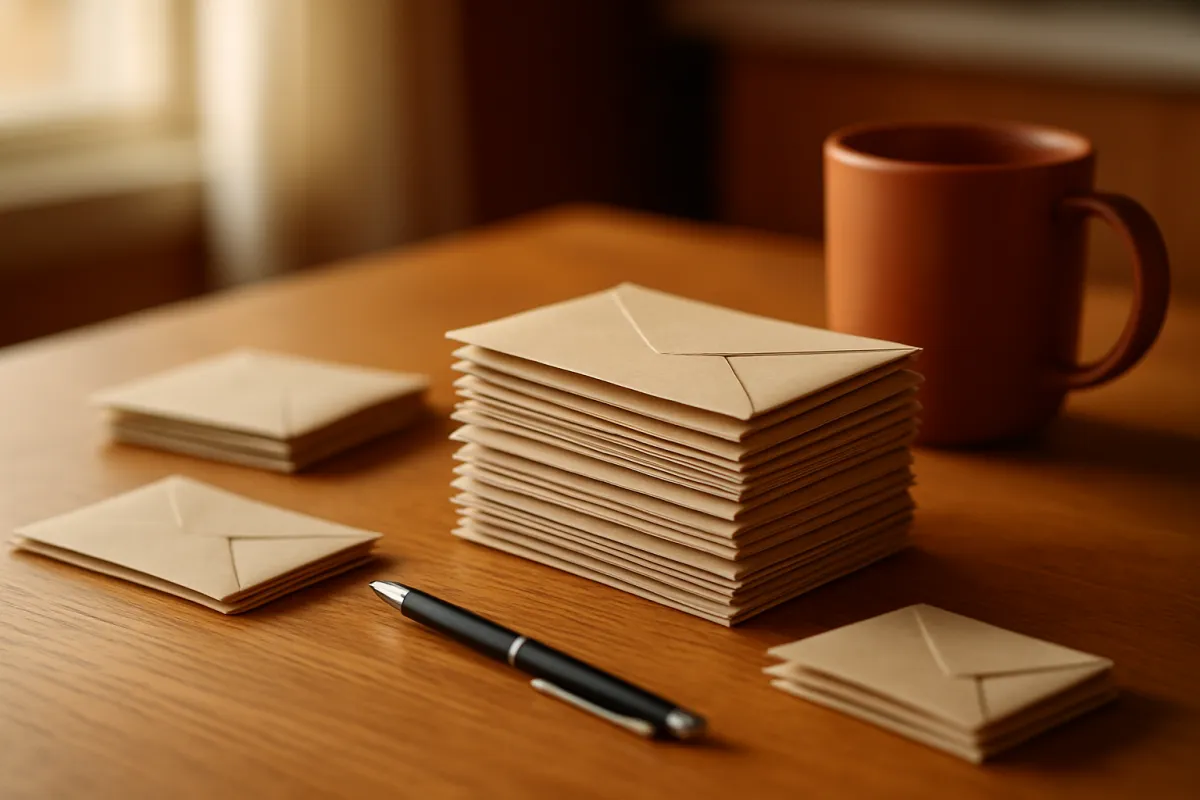 Several small stacks of plain envelopes on a wooden table gathered into one taller stack beside a pen and a terracotta mug in warm morning light
