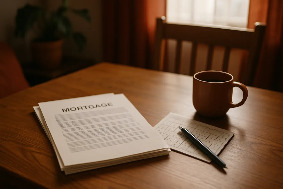 A stack of printed pages headed Mortgage on a wooden table beside a small grid calendar page, a pen, and a brown mug in warm window light