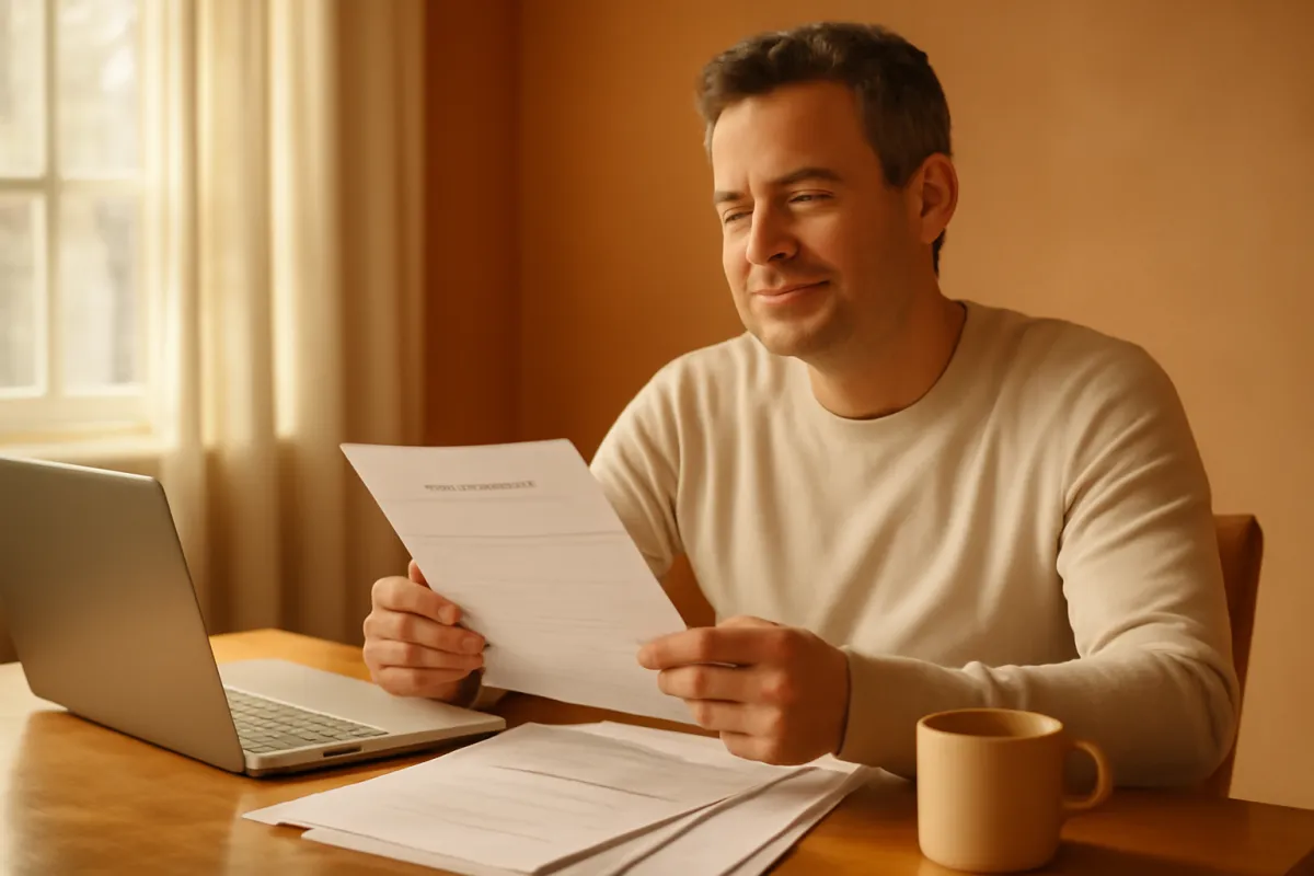 A calm homeowner reviewing printed mortgage statements beside a laptop at a warm wooden desk in soft natural light