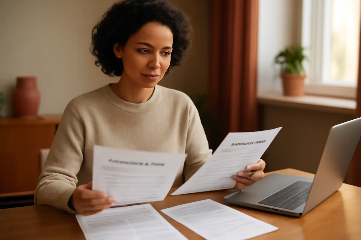 A homebuyer at a warm wooden desk comparing several mortgage offer sheets beside an open laptop in soft natural light