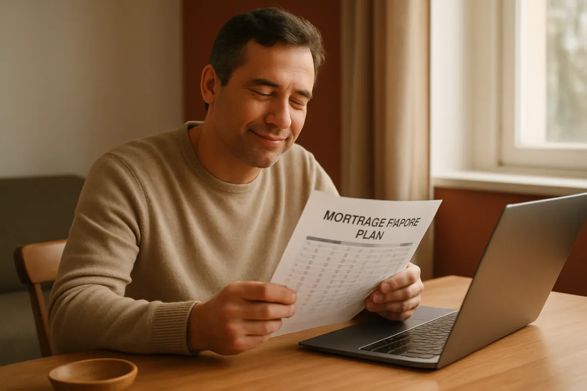 A homeowner reviewing a printed mortgage payoff plan and a laptop at a warm wooden desk in soft natural light