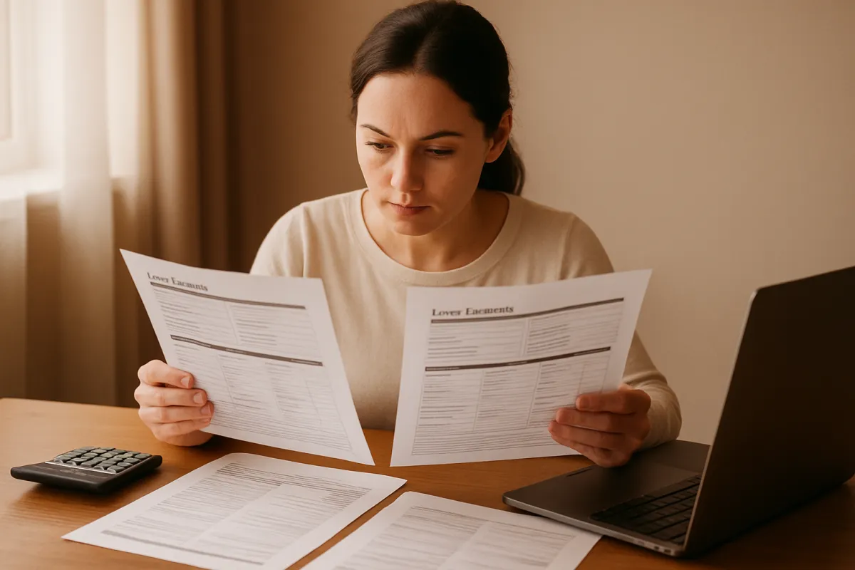 A homebuyer at a wooden desk comparing two printed loan estimate documents side by side beside a calculator and an open laptop in soft natural light