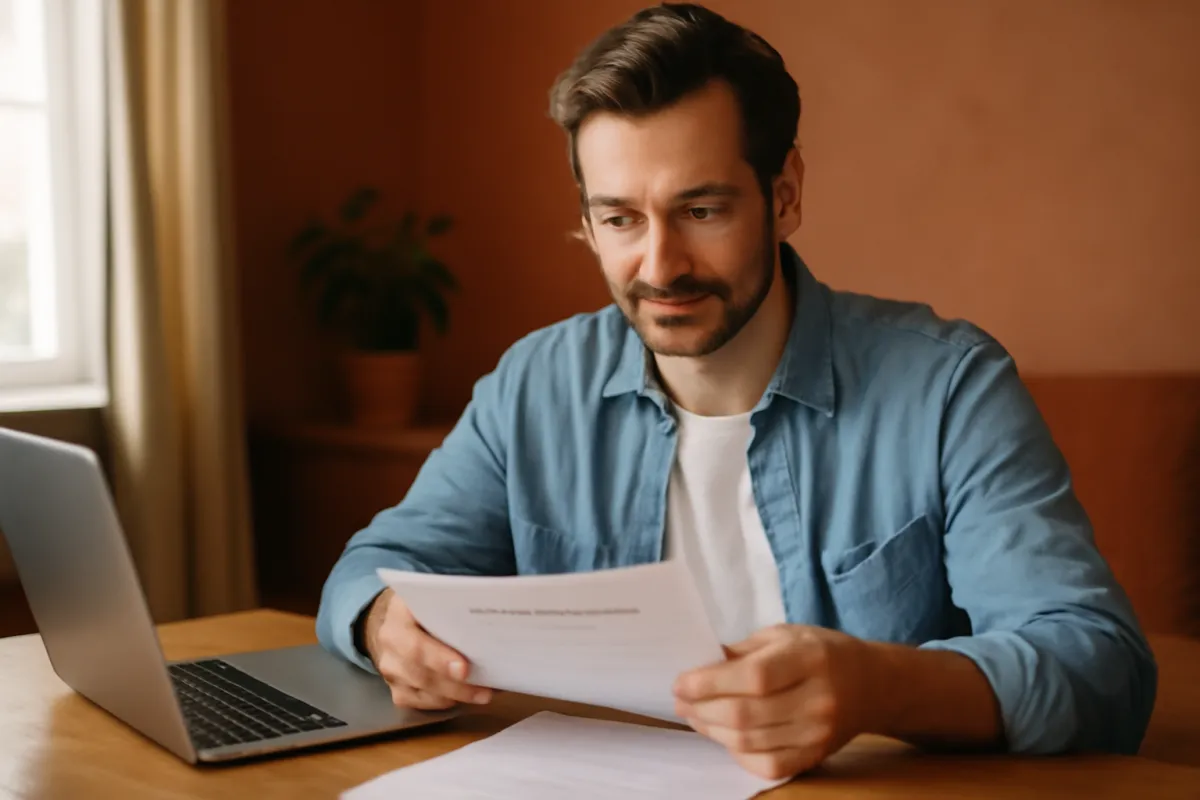 A homeowner reviewing mortgage refinance paperwork beside a laptop at a warm wooden desk in soft natural light