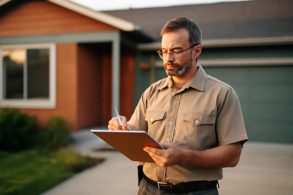 A bearded man in glasses and a tan short-sleeved shirt writing on a clipboard while standing on a driveway in front of a house with a garage door, in warm evening light