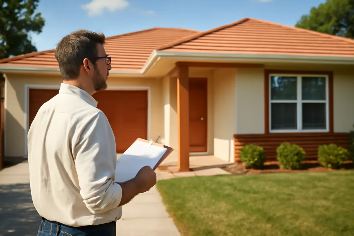 A home appraiser holding a clipboard while assessing the exterior of a tidy suburban house on a bright day