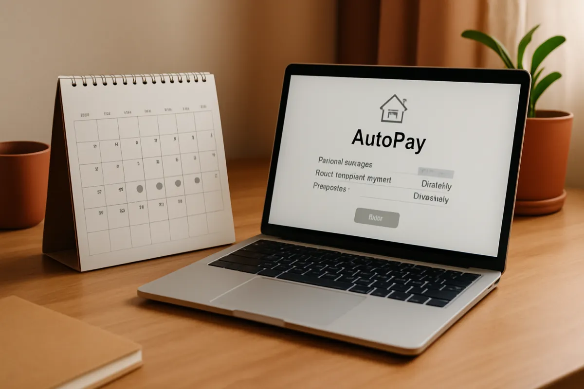 A calendar and a laptop showing an autopay setup suggesting biweekly mortgage payments on a tidy wooden desk in soft natural light