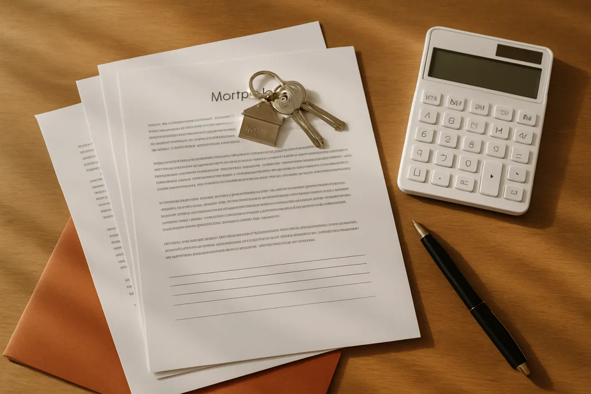 Overhead view of a stack of printed pages on a wooden table with a small brass house keyring and keys resting on them, beside a white calculator, a black pen and an orange envelope