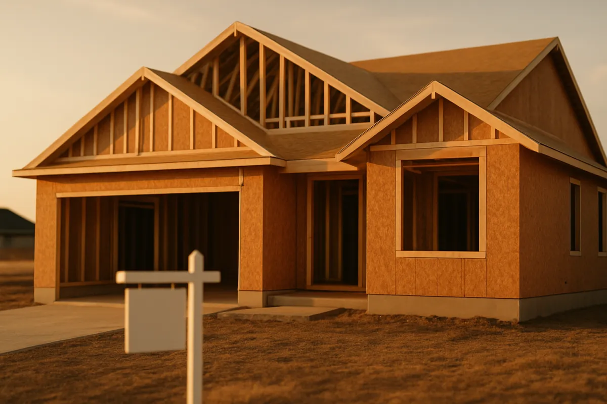 A suburban house still under construction, framing exposed, with a blank yard sign in golden light