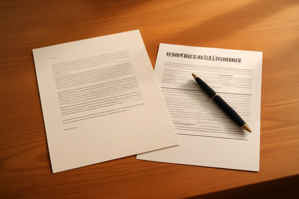 A printed letter and a second document side by side on a wooden desk with a pen resting on top