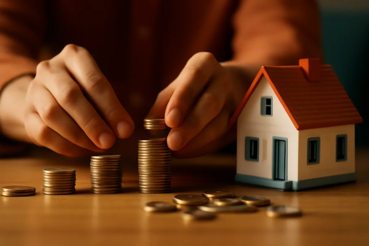 Neat stacks of coins beside a small model house, representing money set aside each month in an escrow account