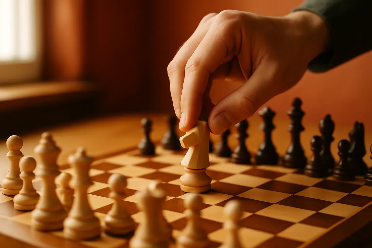A hand moving a wooden chess piece across a board in warm light