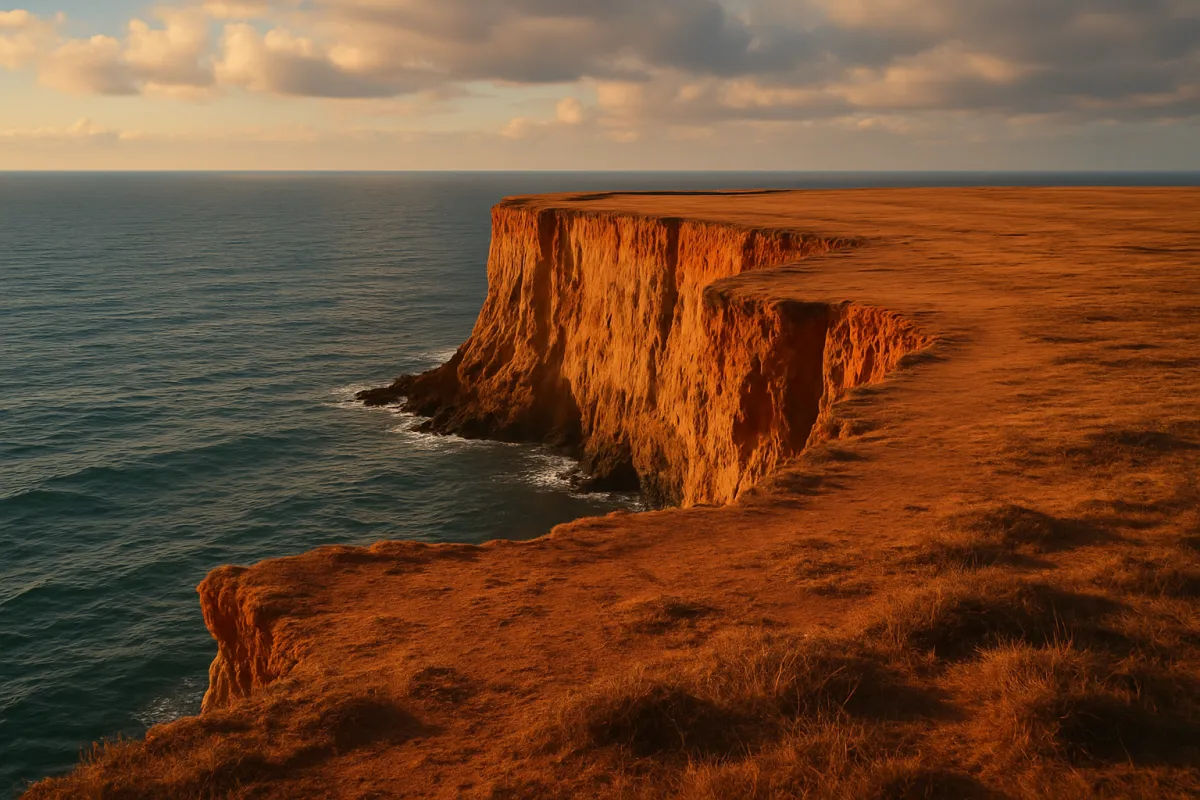 A coastal cliff edge dropping sharply to the sea in warm late-day light