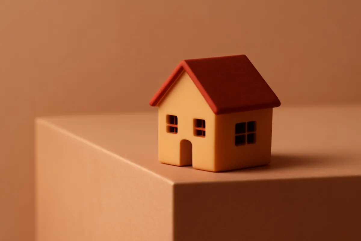A small model house perched at the edge of a block, suggesting a sudden step down