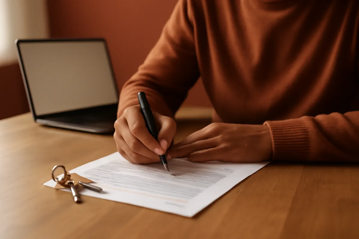A homeowner signing closing documents at a table with a pen and house keys resting nearby