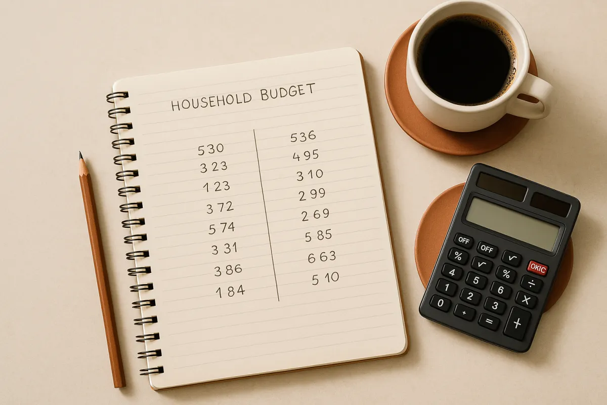A budget notebook with two columns of figures beside a calculator
