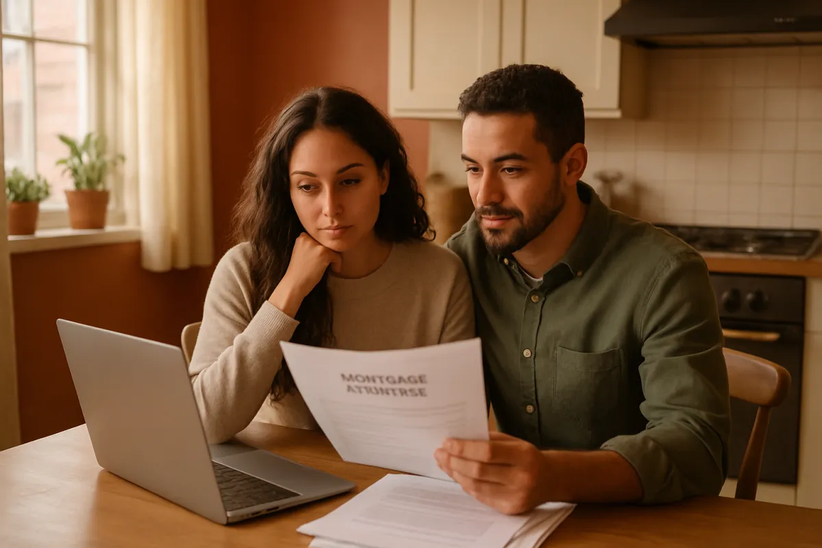A couple at a kitchen table reviewing mortgage refinance paperwork with a laptop