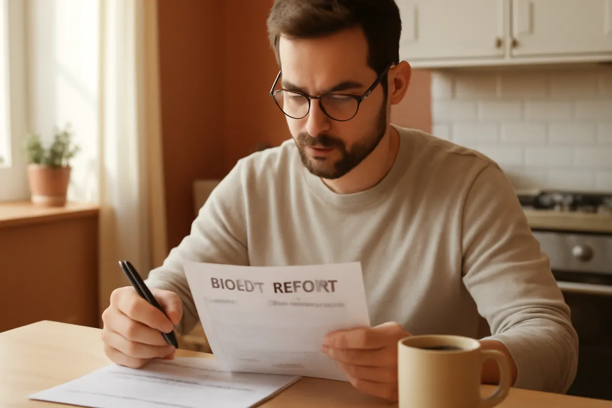A homeowner at a kitchen table reading a printed credit report with a pen and a cup of coffee