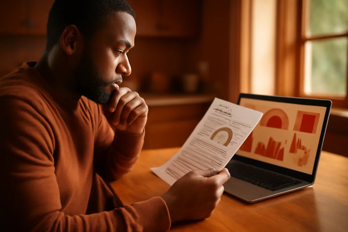 A homeowner at a kitchen table reviewing a credit report printout beside a laptop in warm window light