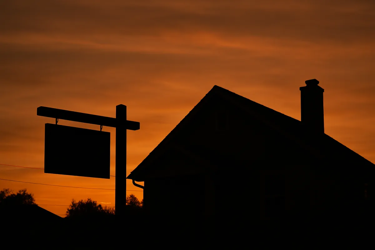 The silhouette of a house with a chimney and a blank yard sign against a deep orange sunset sky