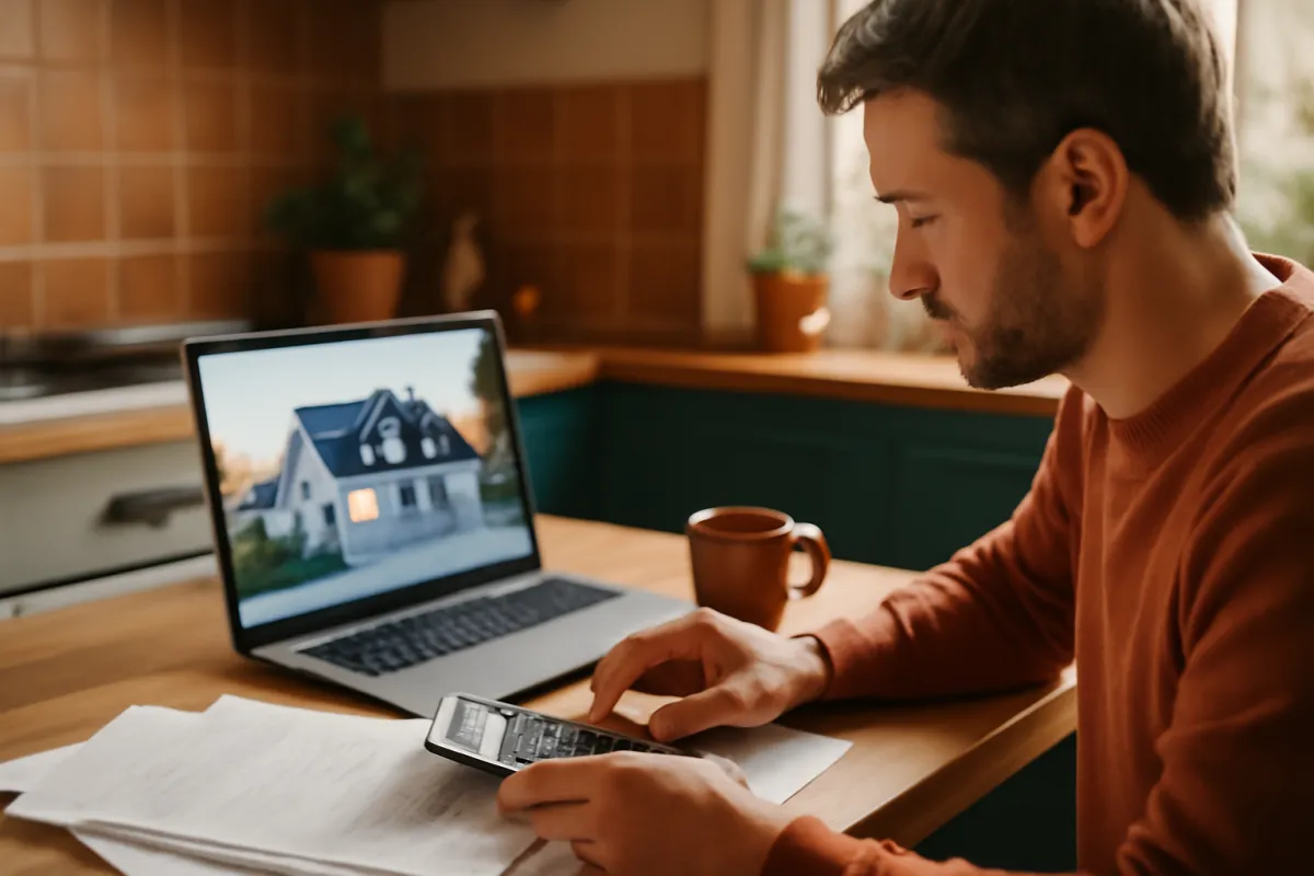 A homeowner at a kitchen table working a calculator beside a laptop showing a house, in warm morning light