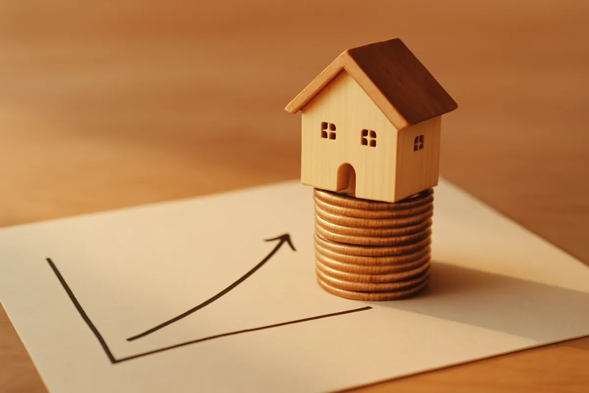 A small wooden model house sitting on a stack of coins above a hand-drawn rising line