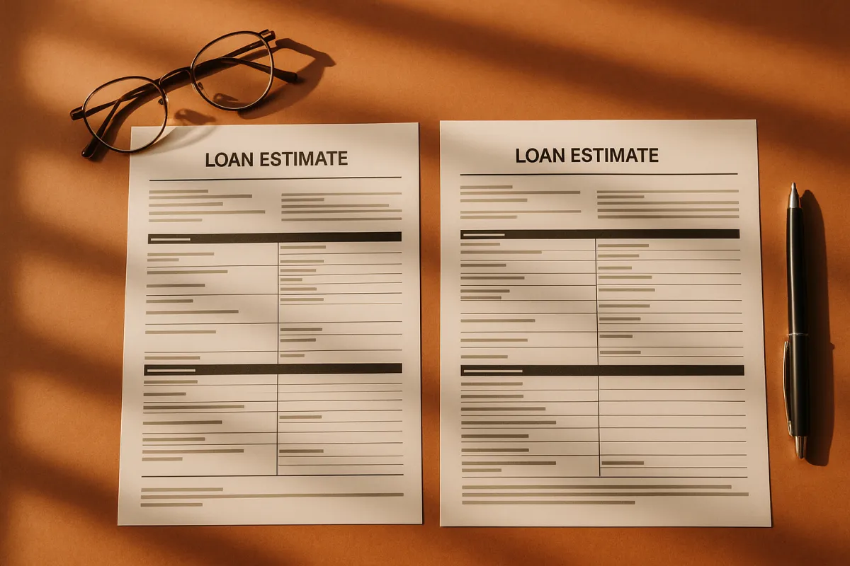 Two printed Loan Estimate forms laid side by side on a warm-toned surface with a pen and reading glasses