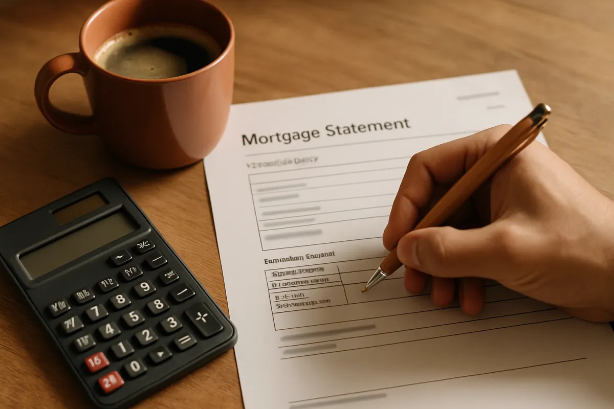 A hand writing an extra principal payment amount on a mortgage statement beside a calculator on a wooden desk