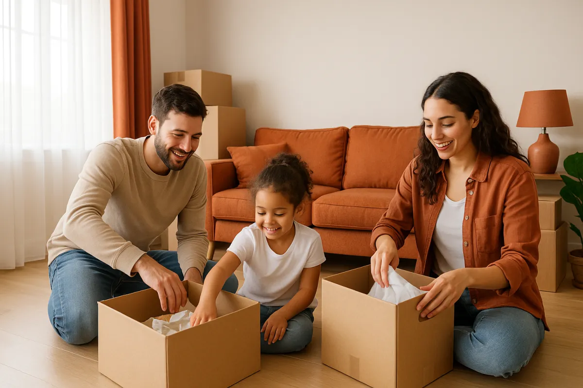 A young family unpacking boxes in a bright new home