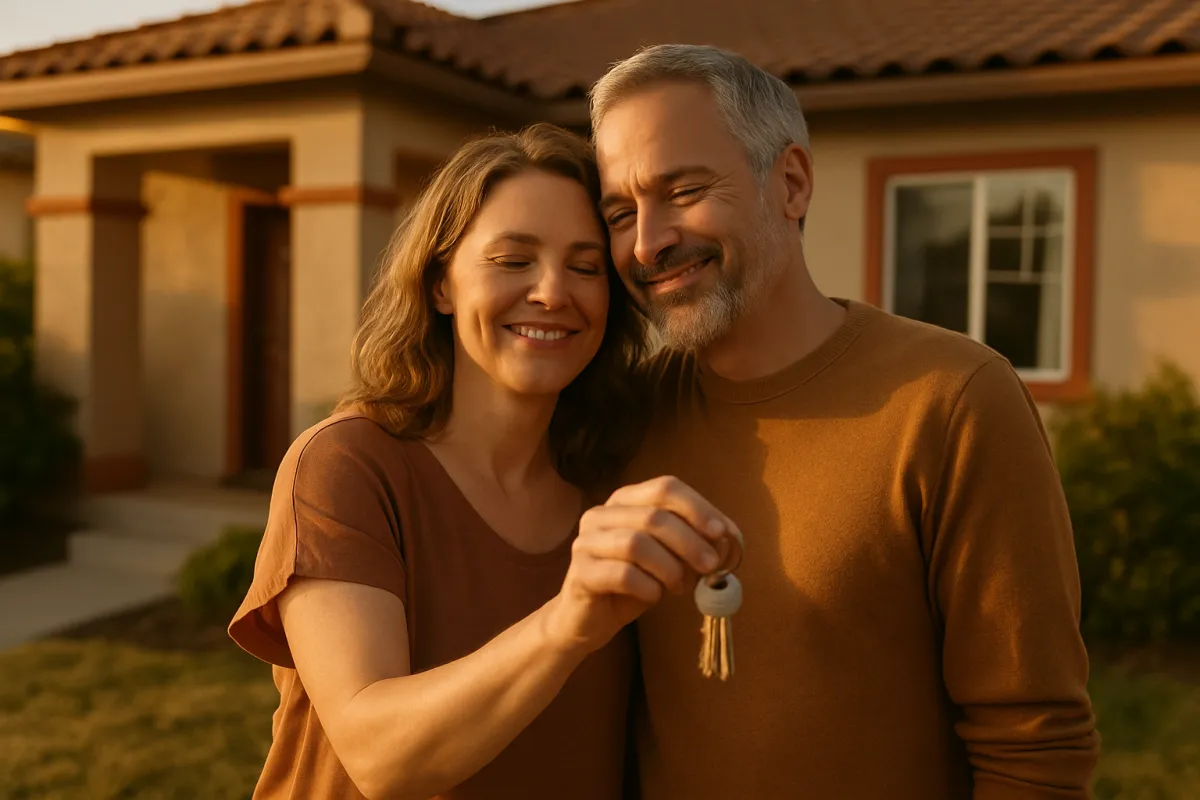 A couple holding house keys together outside a home in warm evening light