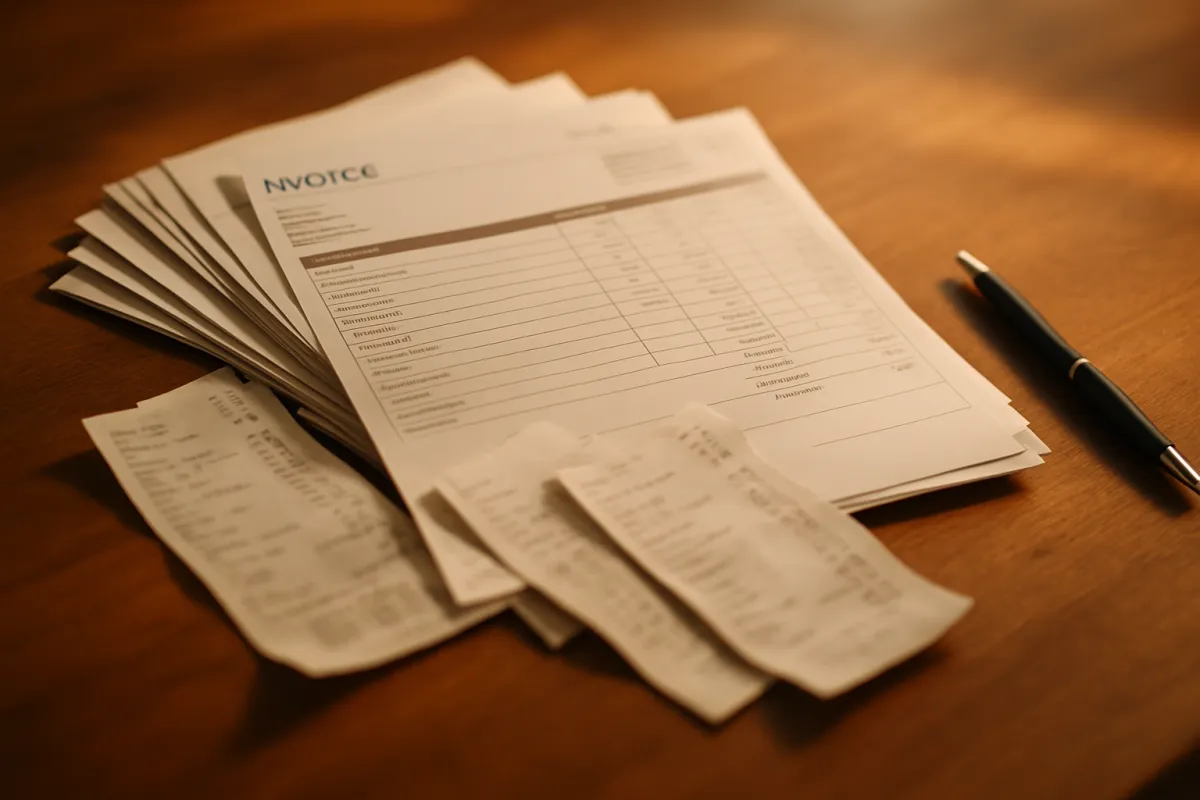 A stack of billing statements and receipts spread on a wooden desk beside a pen