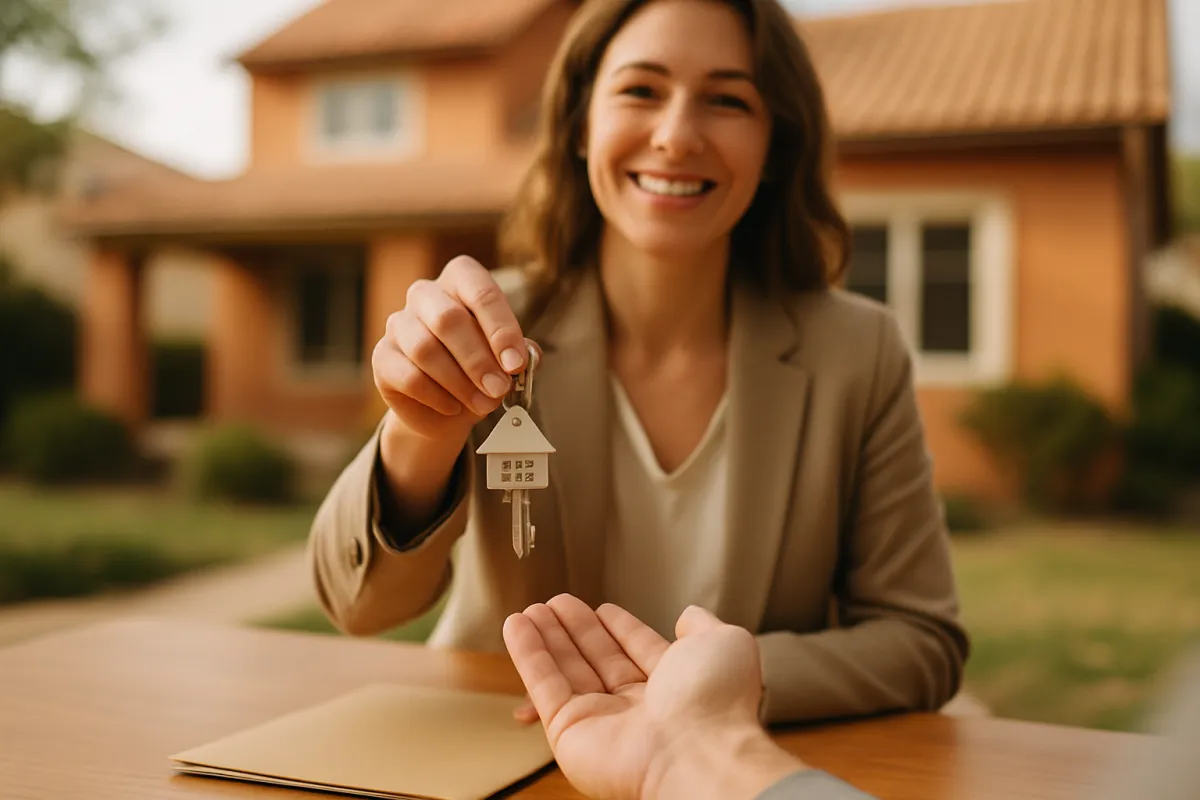 A real estate agent handing house keys across a table with a home in the background