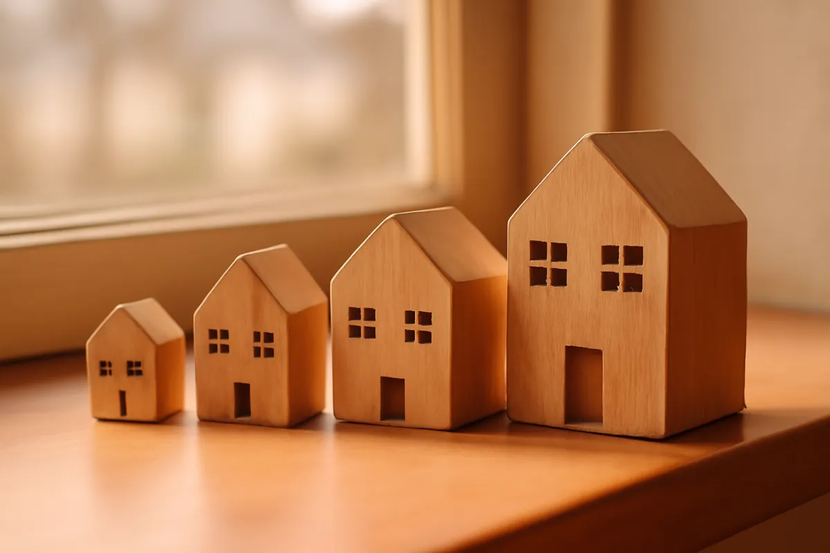 A row of small wooden toy houses of increasing size lined up on a warm windowsill
