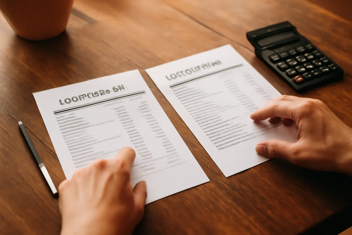 Two printed lender documents laid side by side on a table with a pen and a calculator