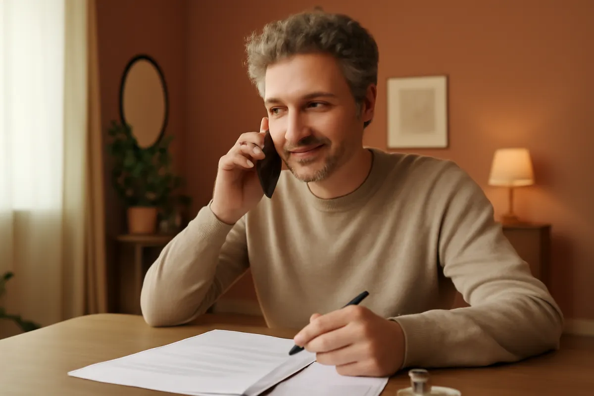 A homeowner on a phone call finalizing a mortgage rate, pen in hand over paperwork at a desk in soft natural light