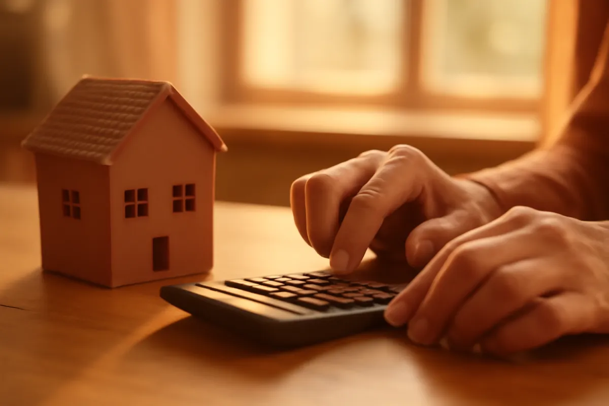 A person pressing calculator keys beside a small model house in warm window light