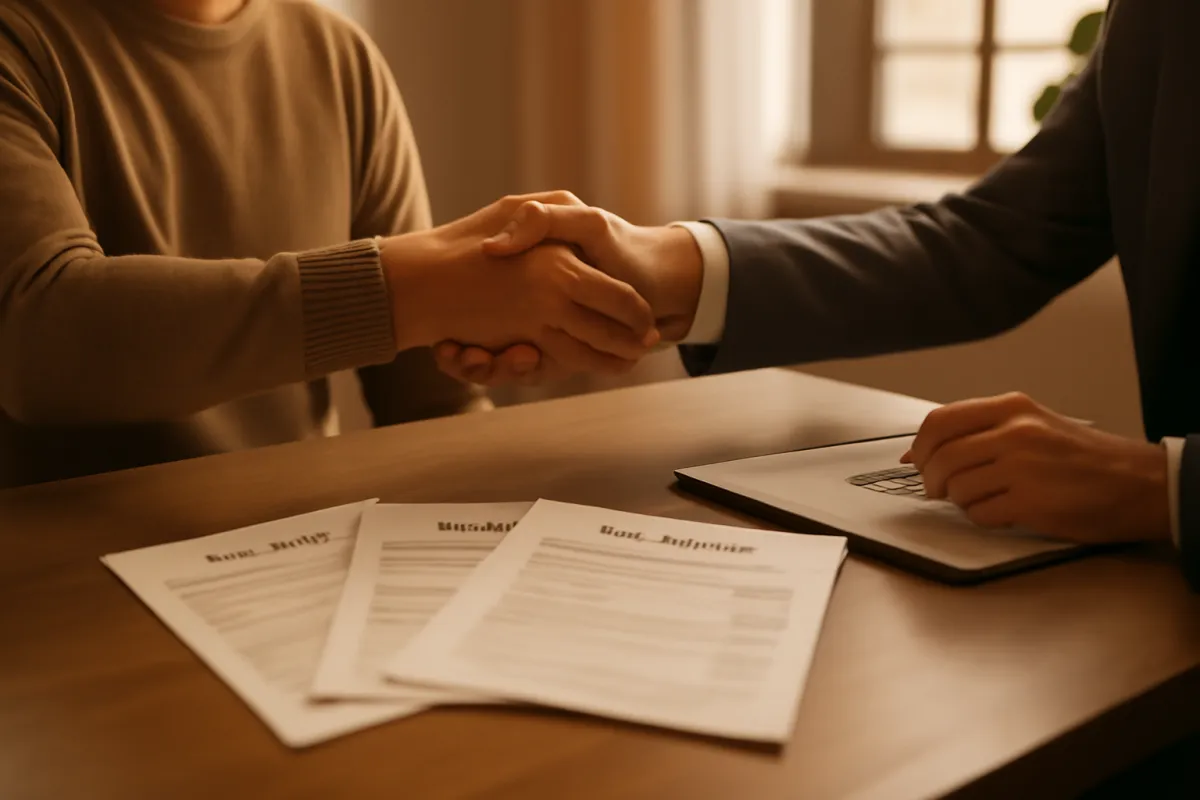 A homeowner and a lender shaking hands across a desk with several printed offer sheets fanned out in front of them