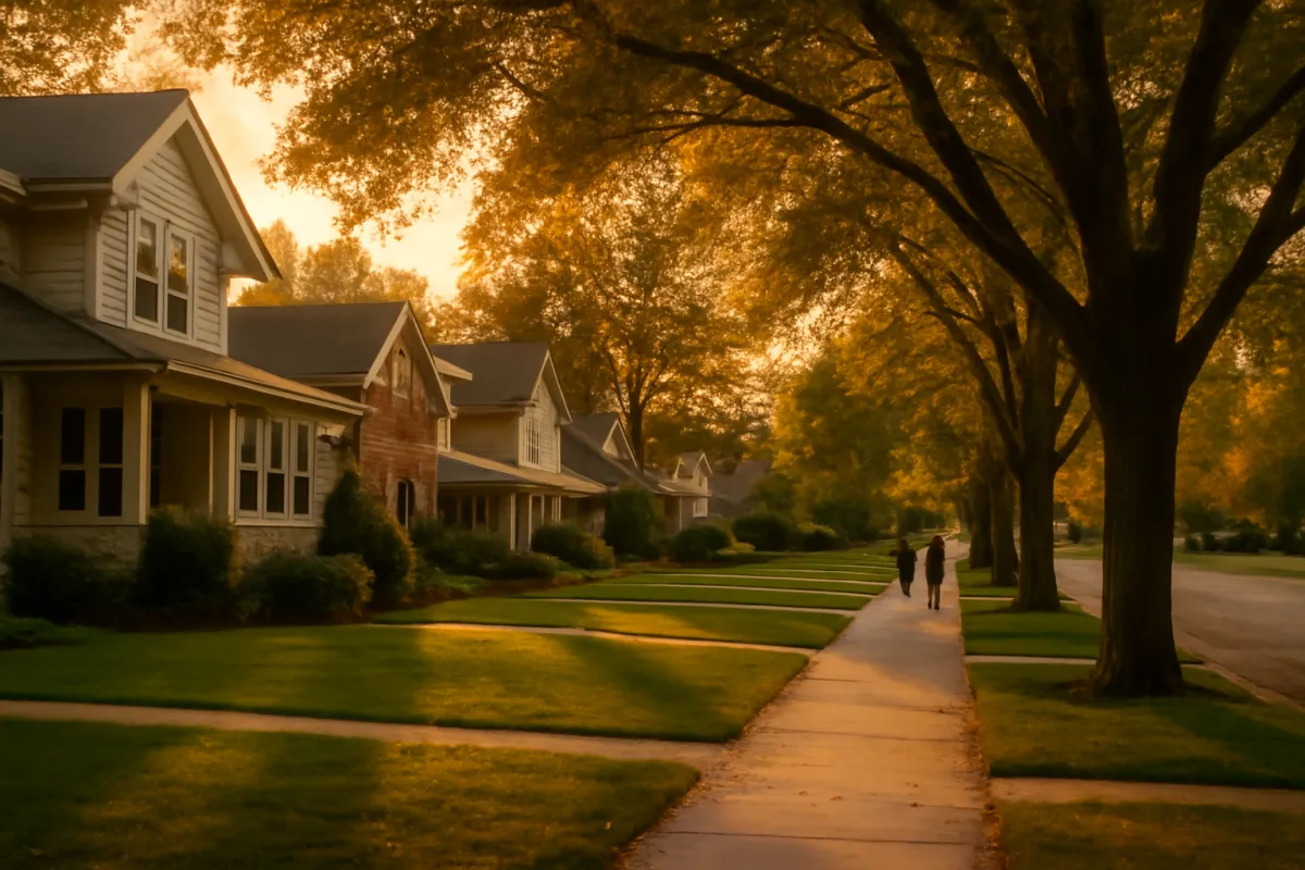 A quiet upscale suburban street of comfortable single-family homes with mature trees in warm evening light