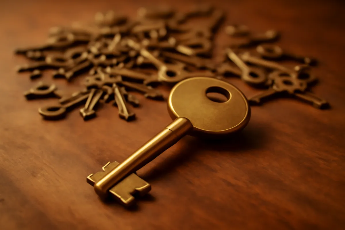 A single large brass key on a wooden table in front of a scattered pile of many smaller keys, in warm light