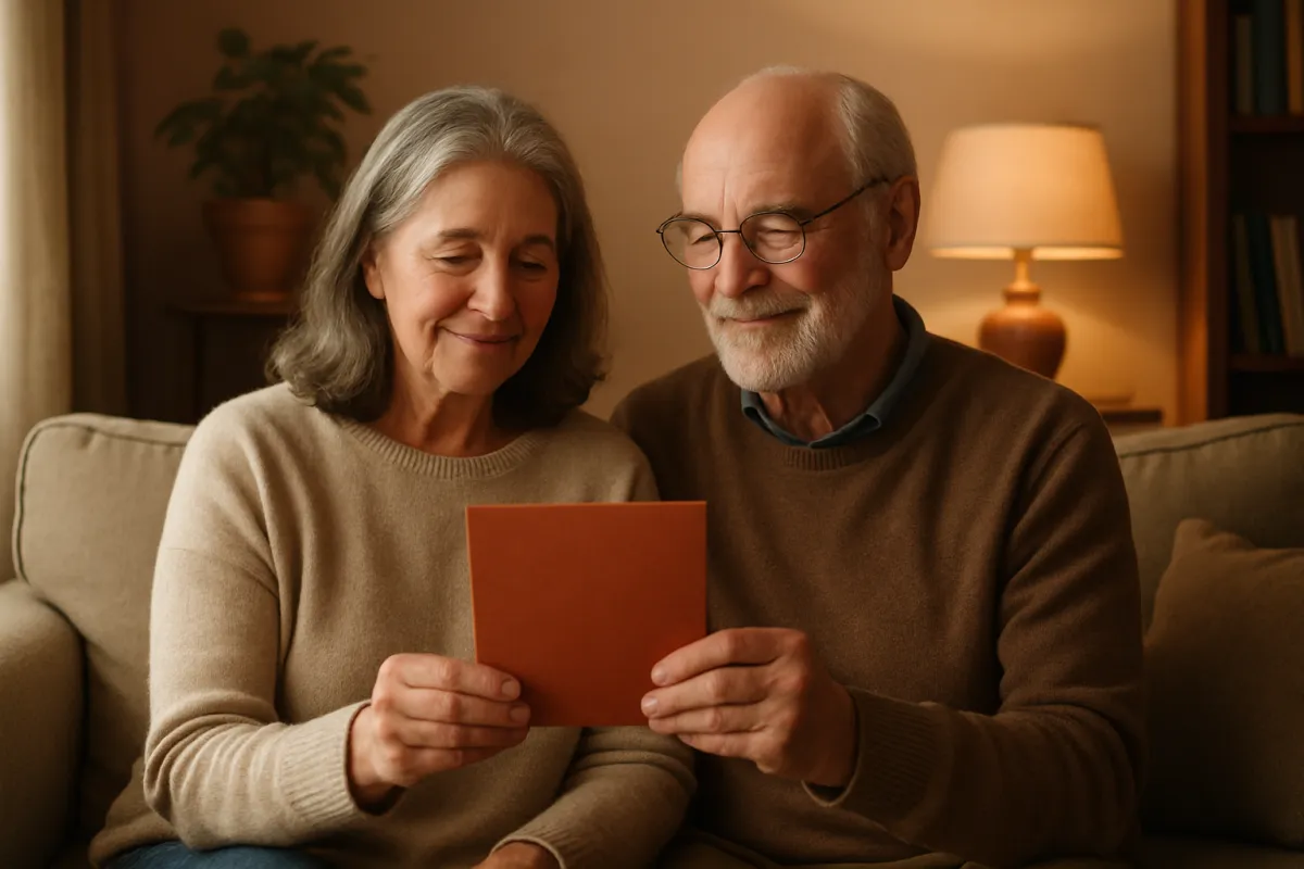 An older couple on a sofa looking together at a card they hold between them, with quiet pride