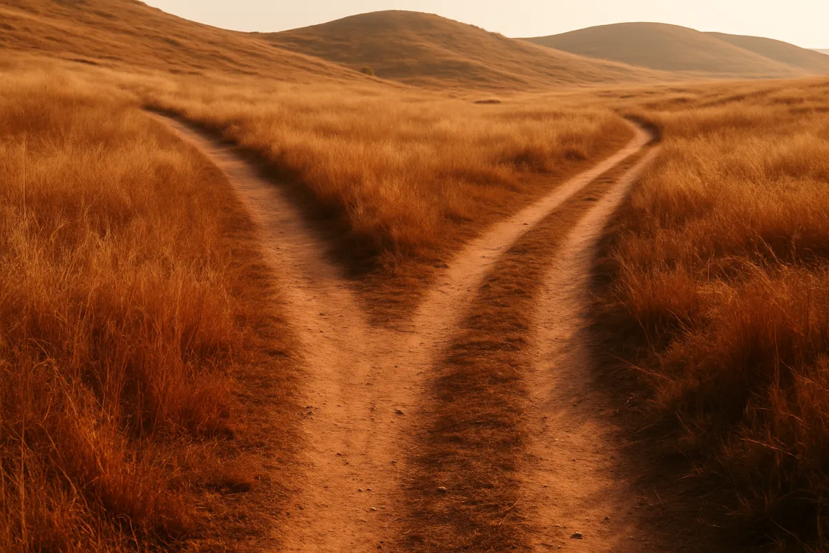 Two dirt footpaths forking apart through a field of golden grass
