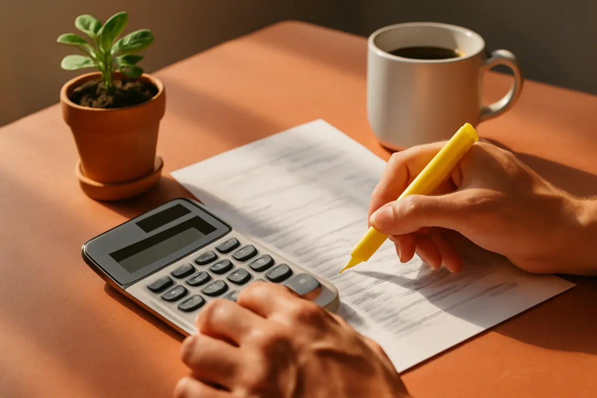 Hands marking a printed statement with a highlighter beside a calculator and a cup of coffee