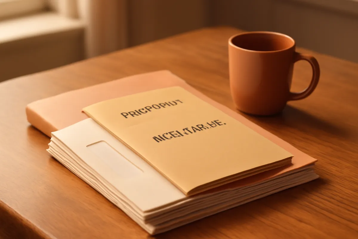 A stack of household mortgage folders and envelopes beside a terracotta mug on a wooden table, the paperwork behind a monthly payment