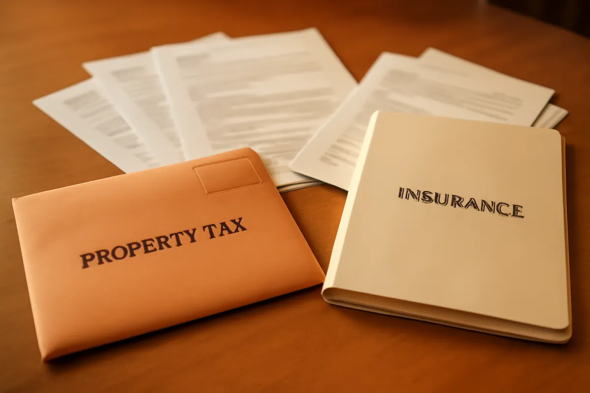 A property tax envelope and a homeowners insurance folder with spread paperwork on a wooden table